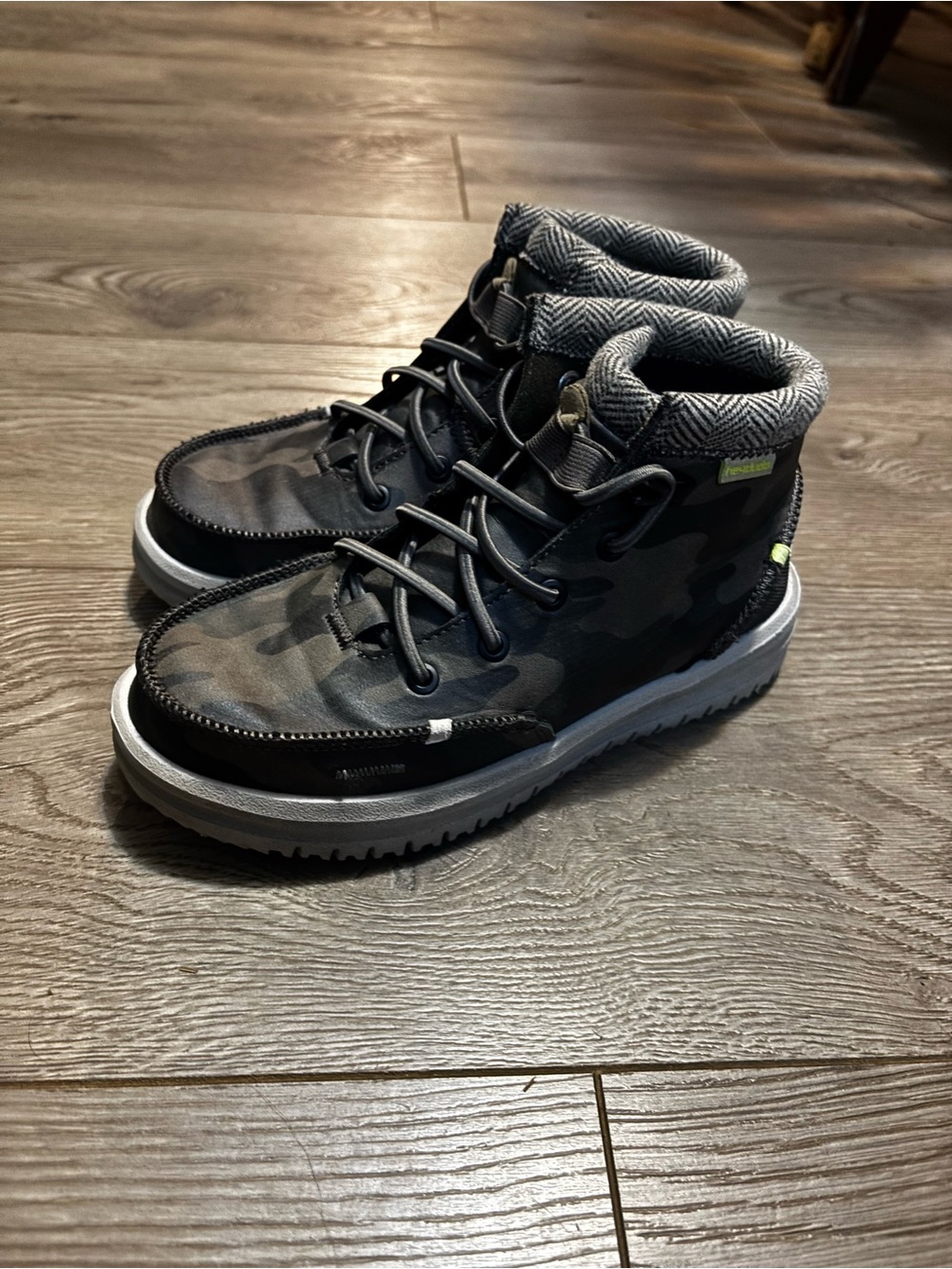 Hey Dude Bradley Youth boots in Woodland Camo with a white sole
